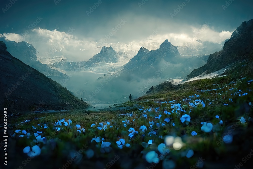 Raster illustration of lavender field high in the mountains ...