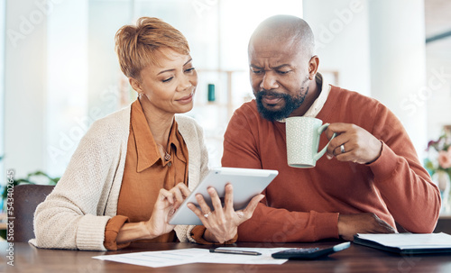 Canvas Print Bills, couple and digital tablet with home finance on internet banking for mortgage loan, insurance or bank investment