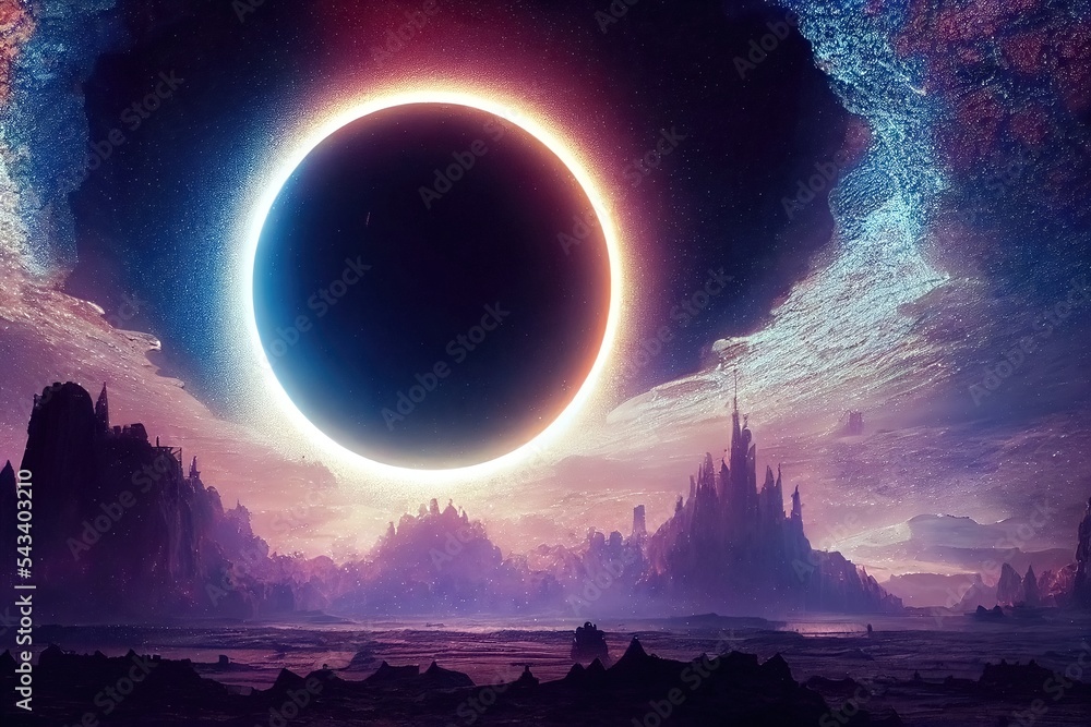Raster illustration of solar eclipse in the middle of an uninhabited  desert. Big circle with neon glow in the sky, tornado, Subdued light,  meditation, force of nature. 3d artwork Stock Illustration