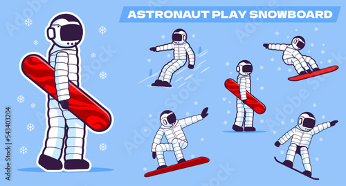 Set of astronaut play snowboard in winter. Winter mountain sports activities.