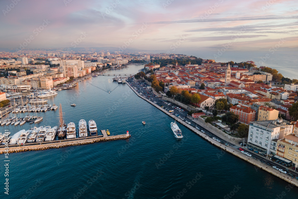 City of Zadar archipelago and historic peninsula aerial view in the sunset. Croatian architecture