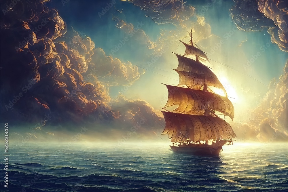Raster illustration of wooden sailing ship on the sea. Calm, ocean ...