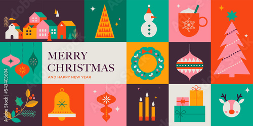 Merry Christmas modern design, holiday gifts, winter elements, candles, Christmas tree, village and Xmas decorations. Colorful vector illustration in flat geometric cartoon style