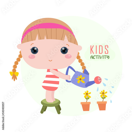 Cartoon daily activities cute girl loves plants