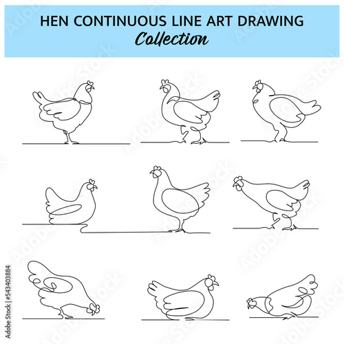Set of chicken line design. Decorative elements drawn one continuous line. Vector illustration of minimalist style on white background.