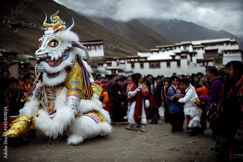 AI generated image of a large crowd of people celebration Losar, the Tibetan new year with a costumed parade  photo