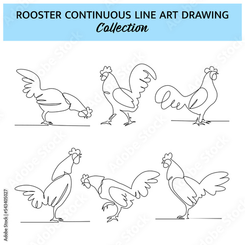 Set of rooster line design. Hen decorative elements drawn one continuous line. Vector illustration of minimalist style on white background.