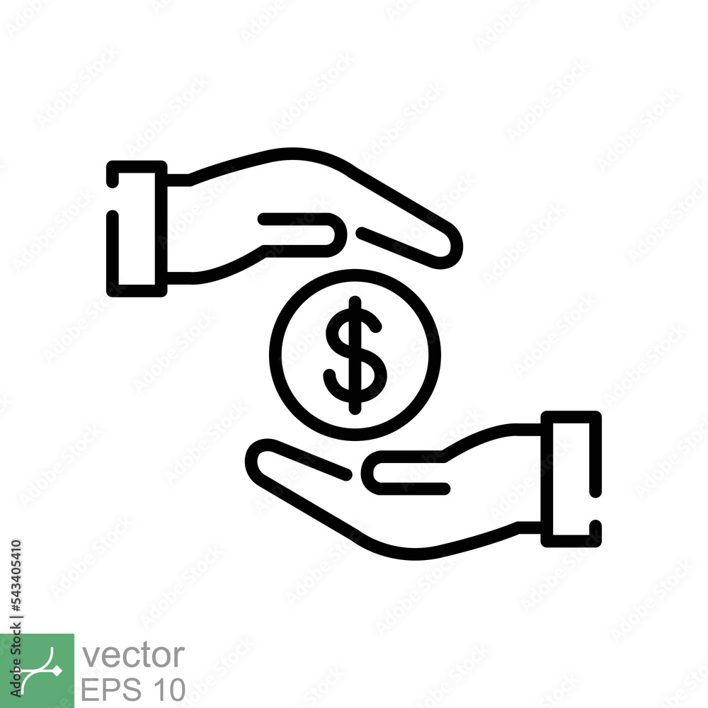 Save money icon. Simple outline style. Salary money, invest finance, hand holding dollar, economy, coin, business concept. Line vector illustration symbol isolated on white background. EPS 10. Save money icon. Simple outline style. Salary money, invest finance, hand holding dollar, economy, coin, business concept. Line vector illustration symbol isolated on white background. EPS 10.