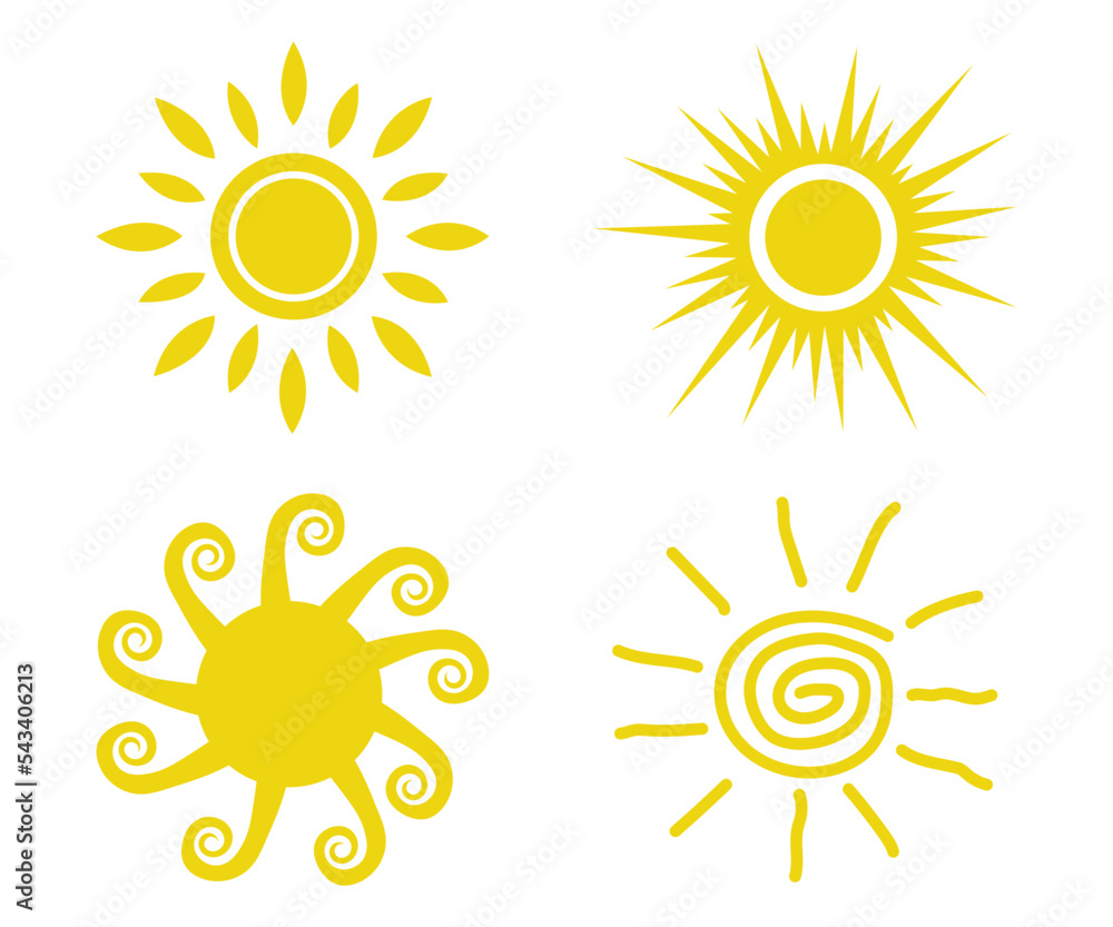 Fototapeta premium Vector flat illustration. Sun icons. Set of four on a white background.