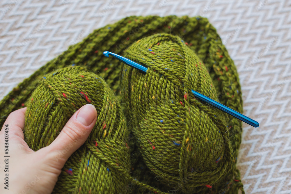 Antistress hobby, art therapy by crocheting. Knitting to order concept, crocheting process