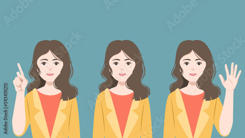 set of various pose brown curly hair woman, business female, academician with bright color clothes, vector, illustration design. 