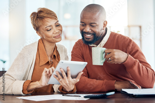 Photography Finance, tablet and black couple doing online banking in home to check bank statement, account and payment