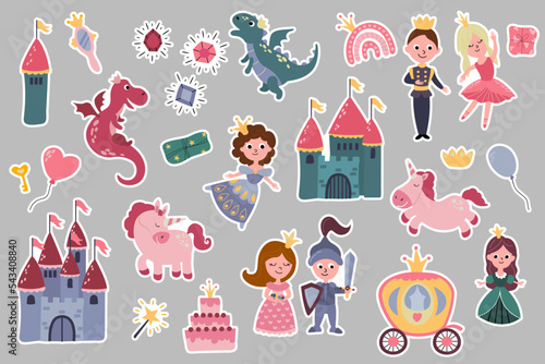 Set of stickers with princesses, prince, knight, castles, unicorns, rainbows, dragons, carriage. Hand-drawn illustration. Vector.