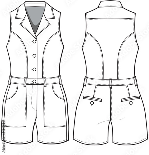 Lapel Collar Sleeveless Playsuit Front and Back View. Fashion Illustration, Vector, CAD, Technical Drawing, Flat Drawing, Template, Mockup.
