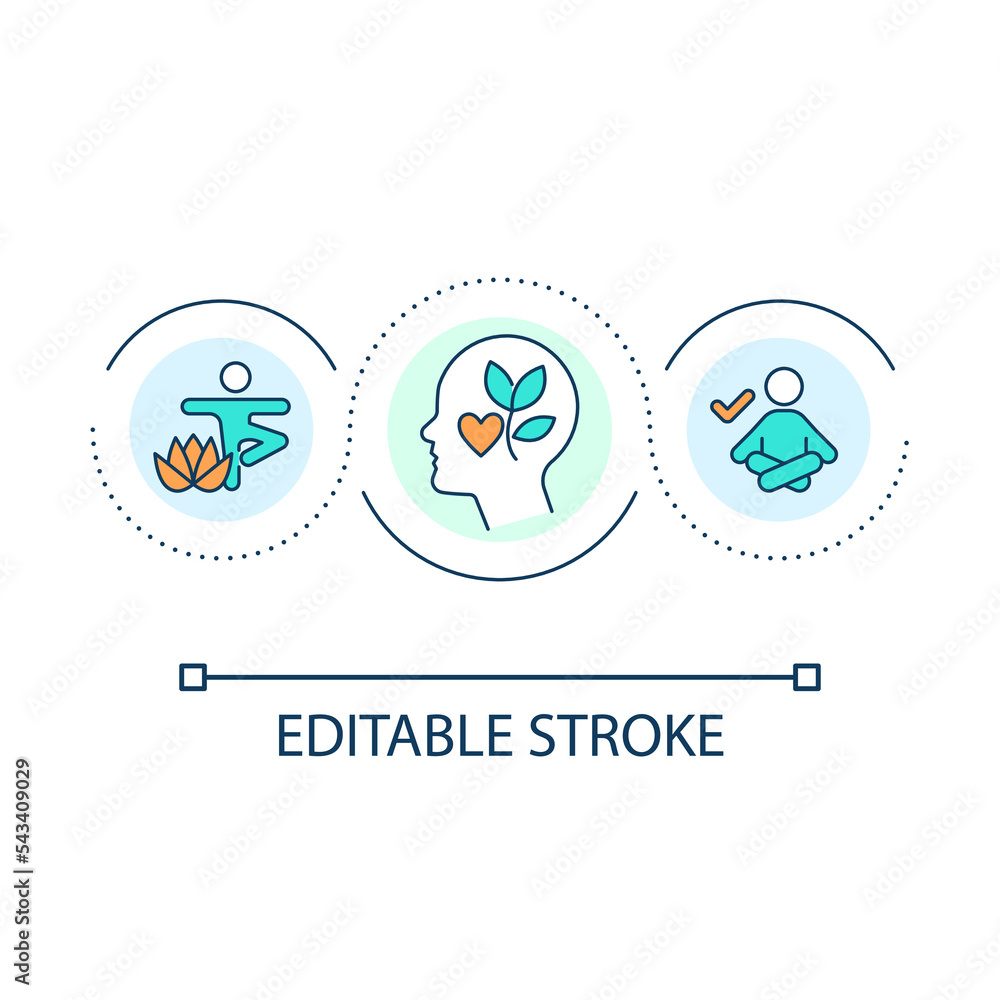 Mental health loop concept icon. Self care. Yoga practice. Meditation activities. Break time. Relax abstract idea thin line illustration. Isolated outline drawing. Editable stroke. Arial font used Mental health loop concept icon. Self care. Yoga practice. Meditation activities. Break time. Relax abstract idea thin line illustration. Isolated outline drawing. Editable stroke. Arial font used