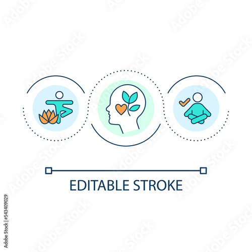 Mental health loop concept icon. Self care. Yoga practice. Meditation activities. Break time. Relax abstract idea thin line illustration. Isolated outline drawing. Editable stroke. Arial font used