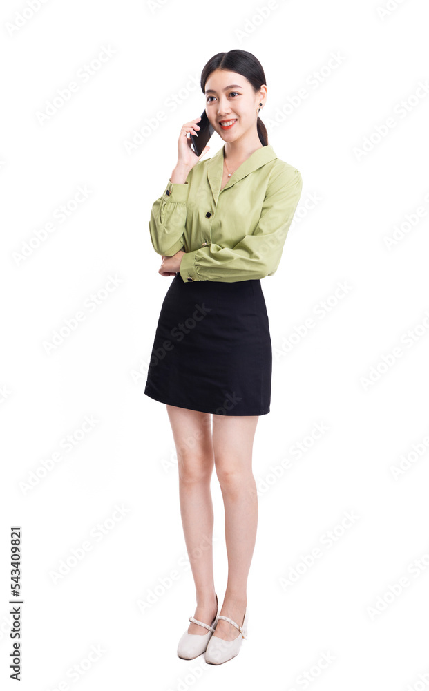 Business woman with a green suit and a black skirt and a folder on a white background