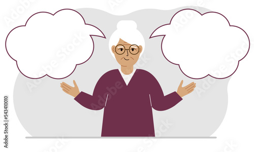 A satisfied grandmother tries to make the right decision. Left and right are empty bubbles. Comparison of the two solutions.