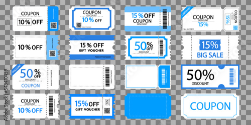 Coupon cards ,tickets,gift vouchers or certificates.Discount voucher .Discount coupon template.Ticket card of promotion sale for website and social media. Set of coupons on transparent background.