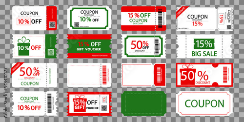 Coupon cards ,tickets,gift vouchers or certificates.Christmas gift voucher card .Discount coupon template.Ticket card for website and social media. Set of christmas coupons on transparent background.