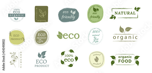 Vector set of hand drawn eco logos and emblems of organic food, natural products, advertising badges collection, organic product promotion, healthy lifestyle. isolated on white background