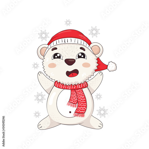 Cute polar bear in a knitted winter scarf and a santa hat sits and catches snowflakes