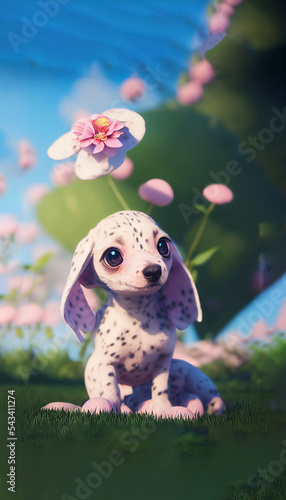 Summer portrait of cute dalmatian dog with black spots. Smiling purebred dalmatian pet from 101 dalmatian, Cruella movie with funny faces lies outdoors sunny summer time with colorful yellow flowers photo