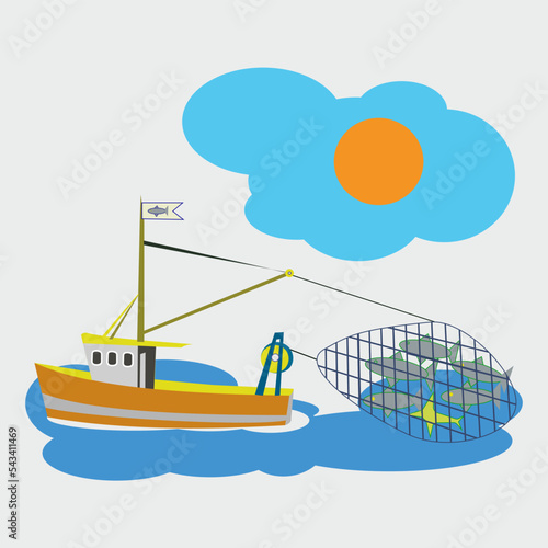 Fishing boat pulling the net full of fish on the blue sea, drawing flat colors, fishing in the sea with nets