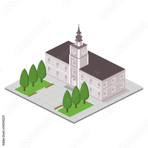 Grey city hall, town hall, tower, background, isometric.