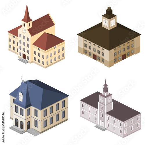 Set of city halls, town halls, residentals, isometric. photo