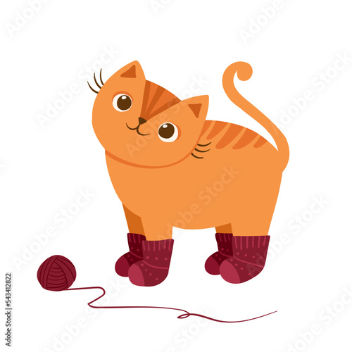 Cat playing with yarn ball. Cute playful kitten character. Cozy postcard. Mascot of Goods for pets. Vector illustration.