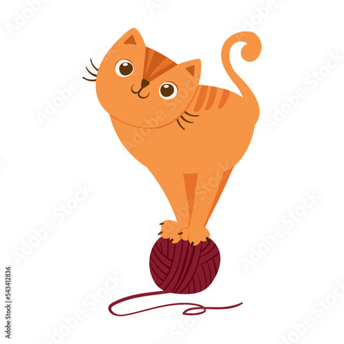 Cat playing with yarn ball. Cute playful kitten character. Cozy postcard. Mascot of Goods for pets. Vector illustration