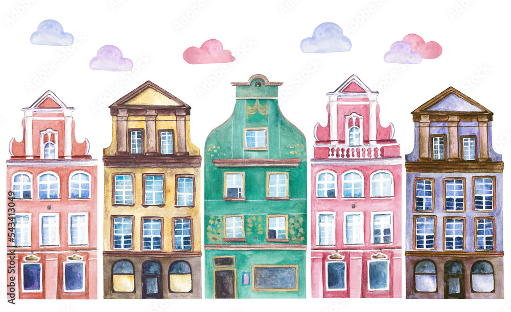 Watercolor Europe Old Houses Clipart, Poland Architecture PNG
