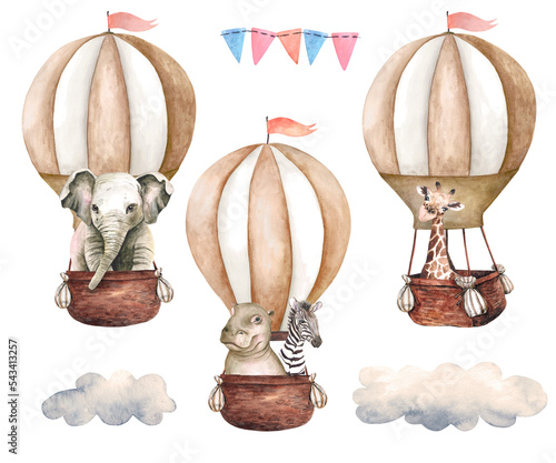 Photography Watercolor Brown Hot Air BAlloons and Jungle ANimals Clipart, Travel Design