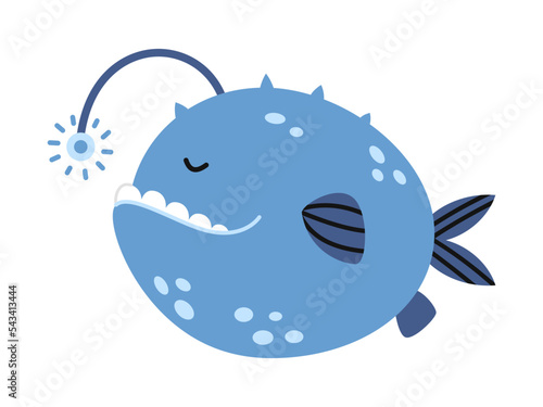 Vector blue angler fish. Cute sea fish in flat design. Lophius with flashlight.