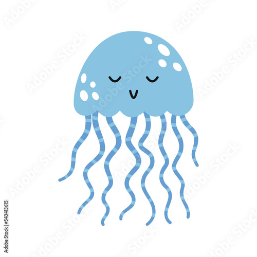 Vector cute blue jellyfish. Marine life animal in flat design. Marine underwater medusa. Transparent creature. Smiling jellyfish with striped tentacles.