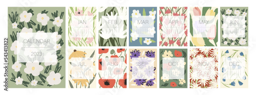 Floral calendar template for 2023. Vertical design with bright colorful flowers and leaves. Editable illustration page template A4, A3, set of 12 months with cover. Vector mesh. Week starts on Monday.