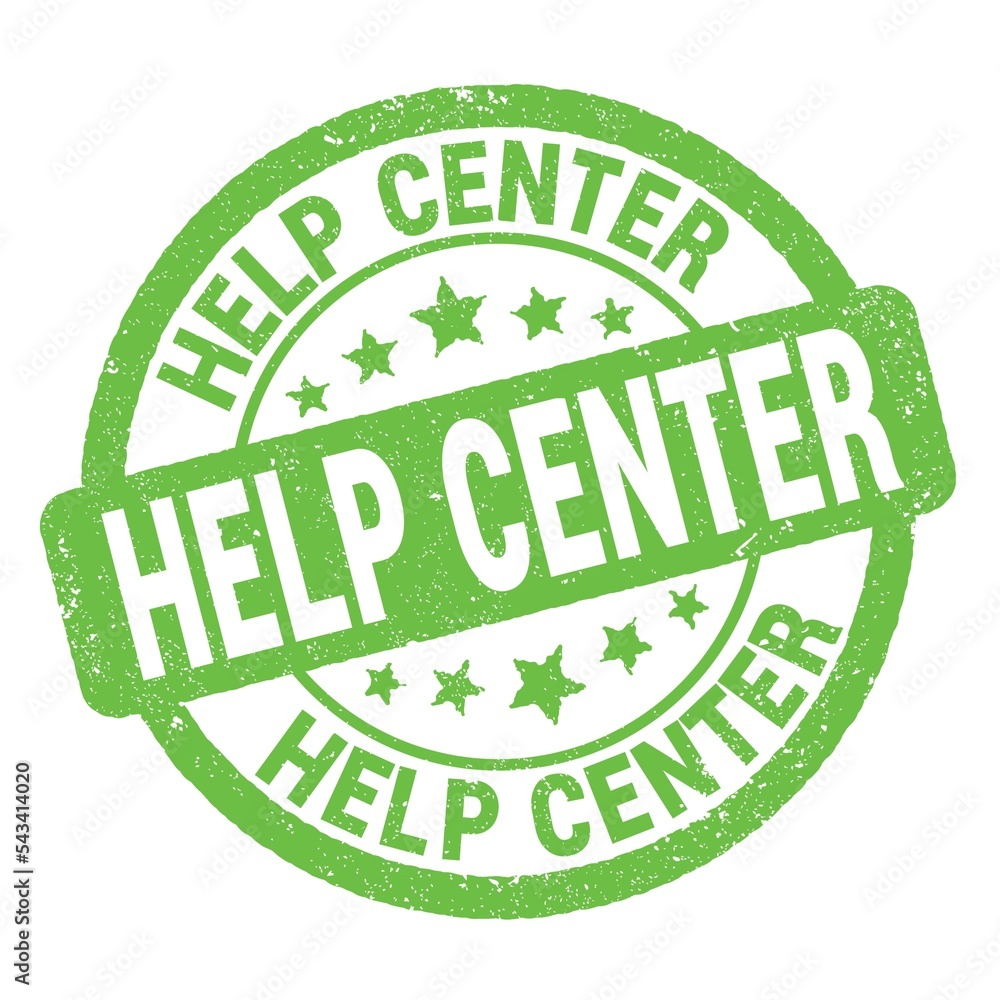 HELP CENTER text written on green round stamp sign. HELP CENTER text written on green round stamp sign.