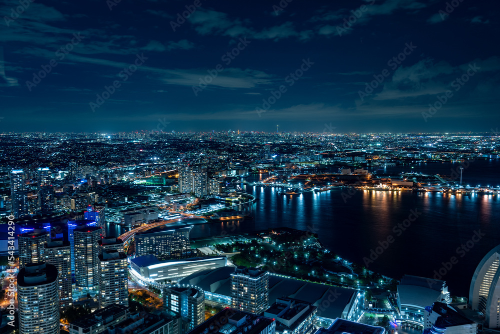 Tokyo and Yokohama Minato Mirai 21 seaside urban area night scape.