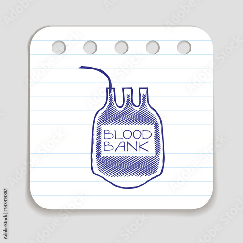 Doodle Blood Donation icon. Blue pen hand drawn infographic symbol on a notepaper piece. Line art style graphic design element. Web button with shadow.