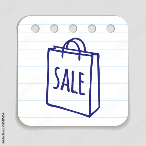 Doodle Shopping Bag icon. Blue pen hand drawn infographic symbol on a notepaper piece. Line art style graphic design element. Web button with shadow. Groceries, sales, supermarket concept.