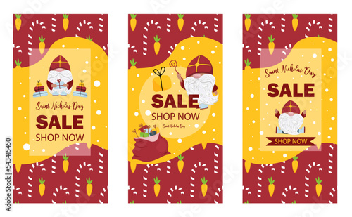 vertical sale poster for St. Nicholas Day. St. Nicholas Day discounts and promotions. Cute priest in a red miter
