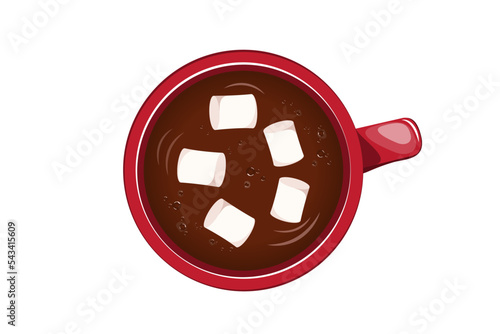 A cup of hot chocolate with marshmallows, top view.Winter hot drink in a cup.Vector illustration of a Christmas drink.