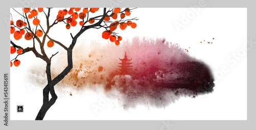 Ink wash painting with pagoda temple on misty forest hill and persimmon tree with orange fruits. Traditional oriental ink painting sumi-e, u-sin, go-hua. Translation of hieroglyph - eternity