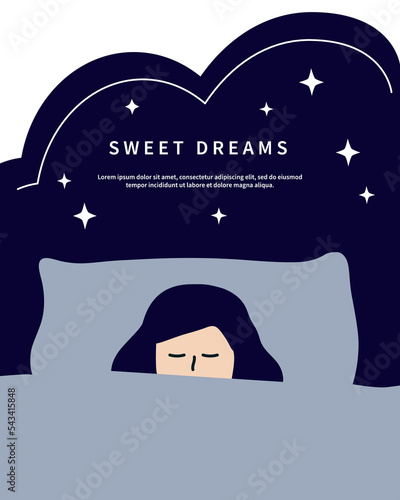 Relaxed girl sleeping in cozy bed at nighttime with stars blue clouds sky background. Healthcare, insomnia, Lifestyle concepts. Flat cartoon vector design illustrations.