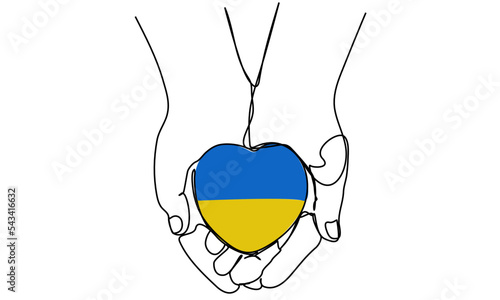 continuous line holds the heart of the Ukrainian flag, asking for peace.