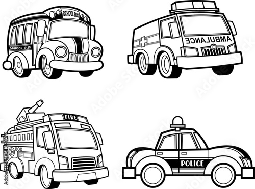 Outlined Different Cartoon Truck. Vector Hand Drawn Collection Set Isolated On Transparent Background