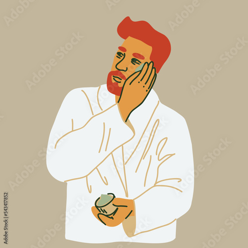 Man applying skin care product. Male character performing beauty routine and using face cream. Hand drawn vector illustration