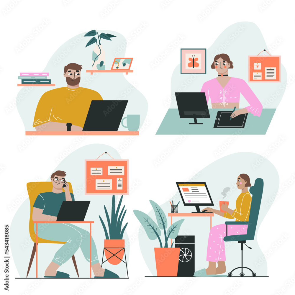 Set of freelancers people working on a laptop at home. The concept of freelancing and remote work. Vector illustration Set of freelancers people working on a laptop at home. The concept of freelancing and remote work. Vector illustration