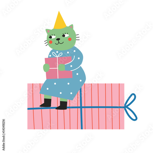 Cute cat sits on a big gift box. Vector illustration